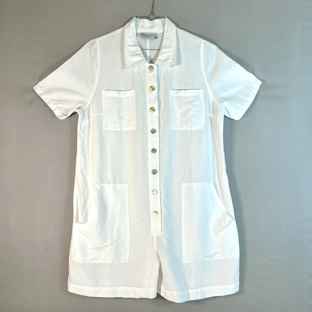 Haris Cotton Women's Short Sleeve Button Front Patch‎ Pocket Romper White M